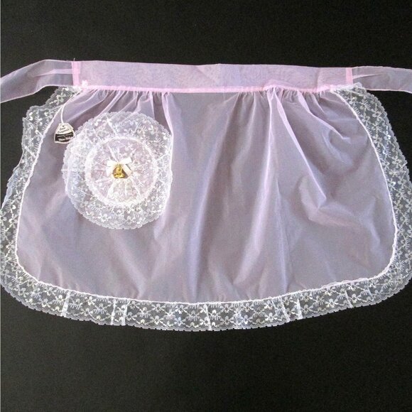 Vintage Beco Originals Miss Helen Half Apron Sheer Fabric Lace Trim Pocket - Picture 1 of 7
